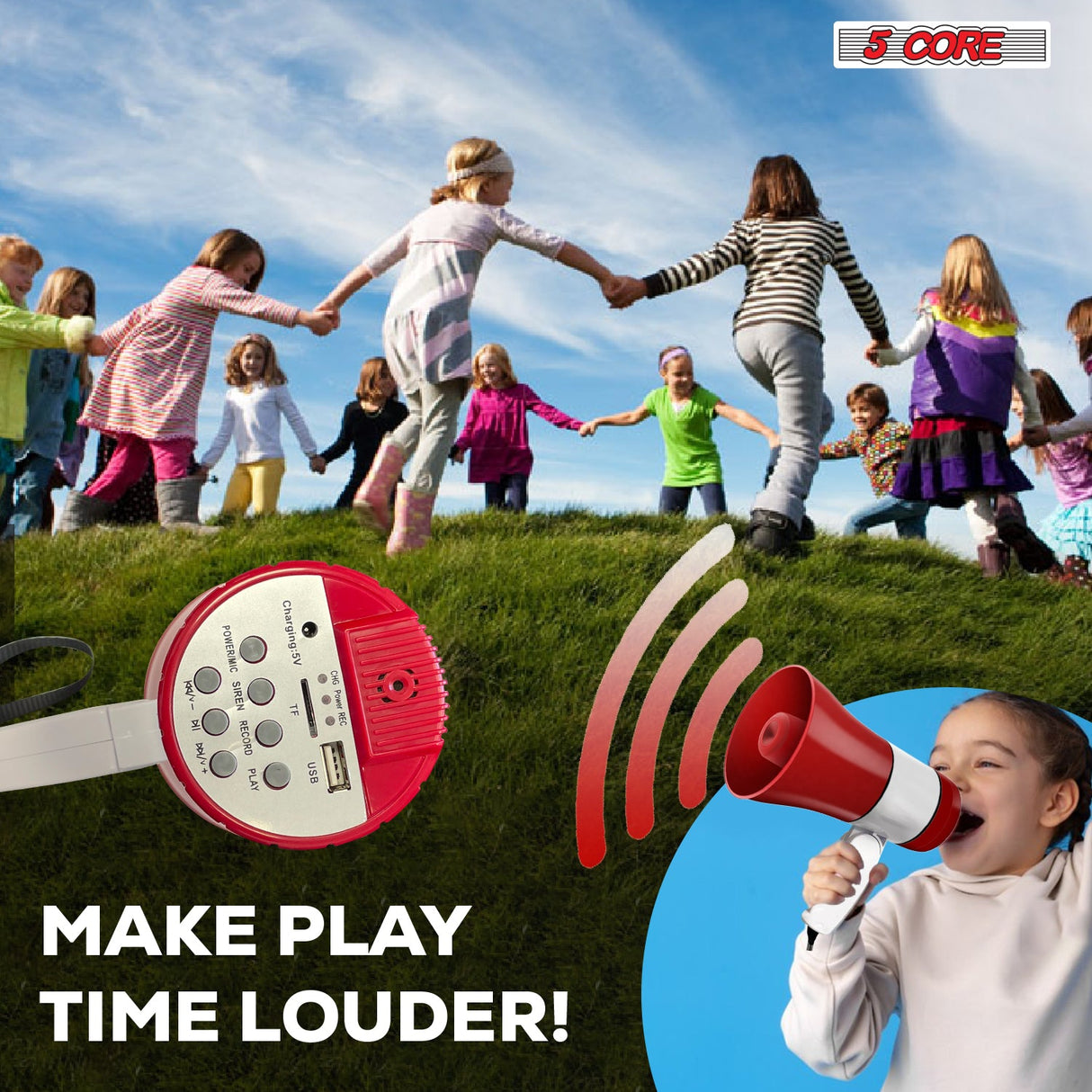 5 Core Megaphone 30W Bull Horn PA Speaker w 800 Yard Range Siren Loud Megafono for Sports & Coaches