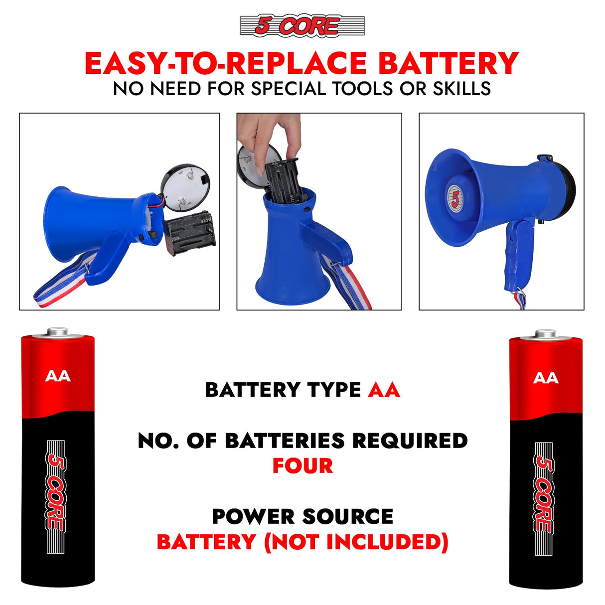 5Core Megaphone Bullhorn Speaker 15W Mini Battery Power Bull horn w Siren 400 Yard Range Blue