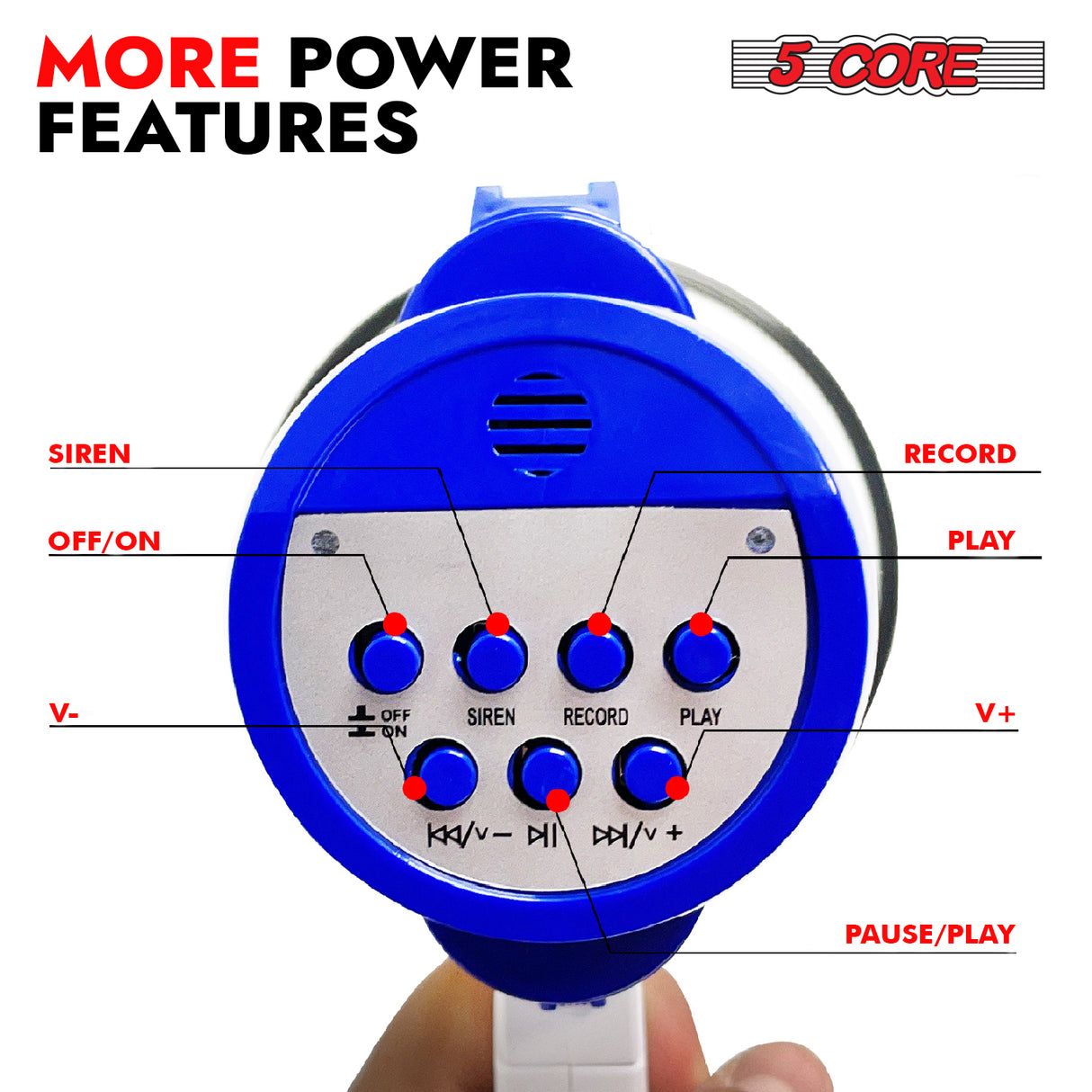 5 Core Megaphone 30W Bull Horn PA Speaker w 800 Yards Range USB Loud Siren Voice Amplifier Portable