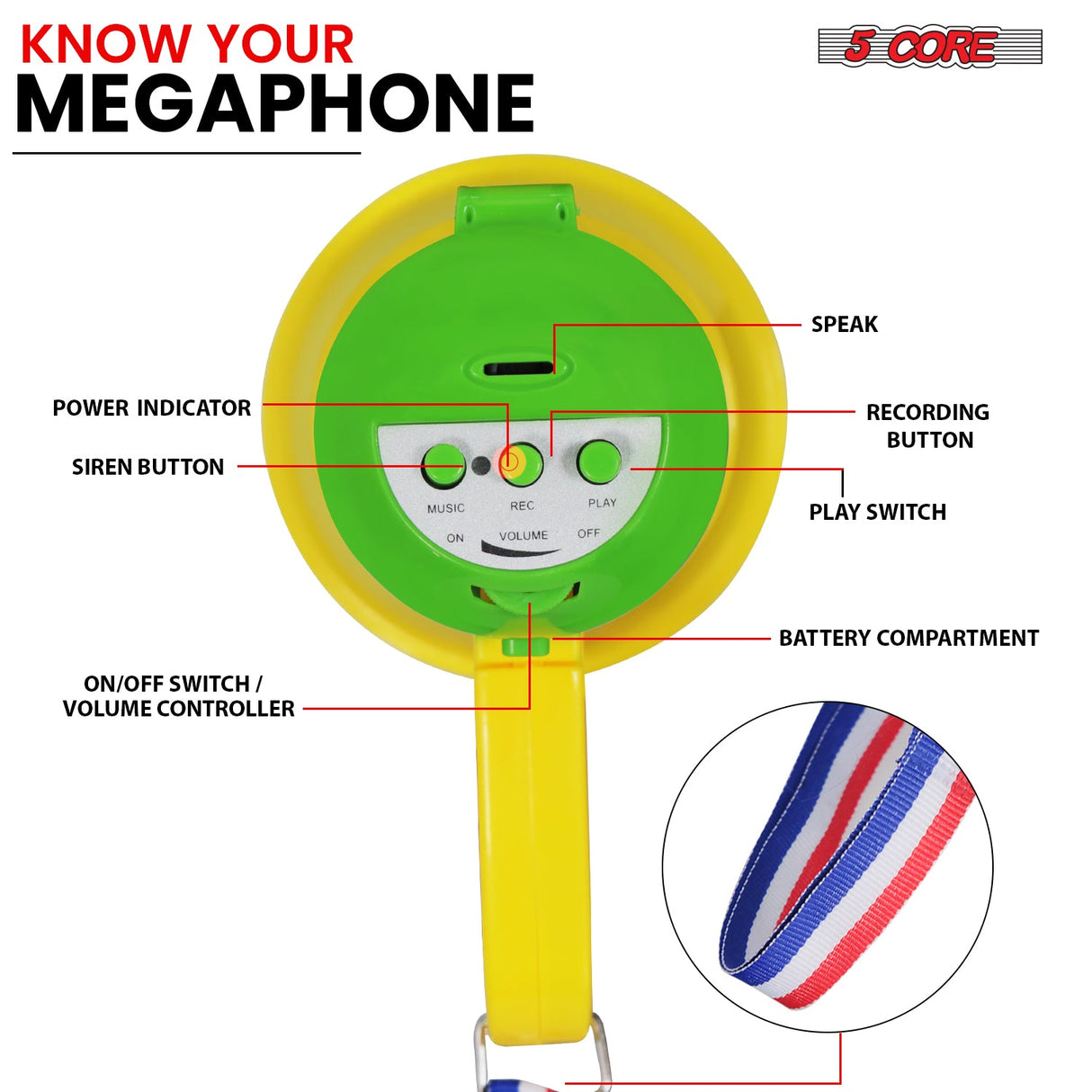 5Core Megaphone Bullhorn Speaker 15W Mini Battery Power Bull horn w Siren 400 Yard Range Yellow