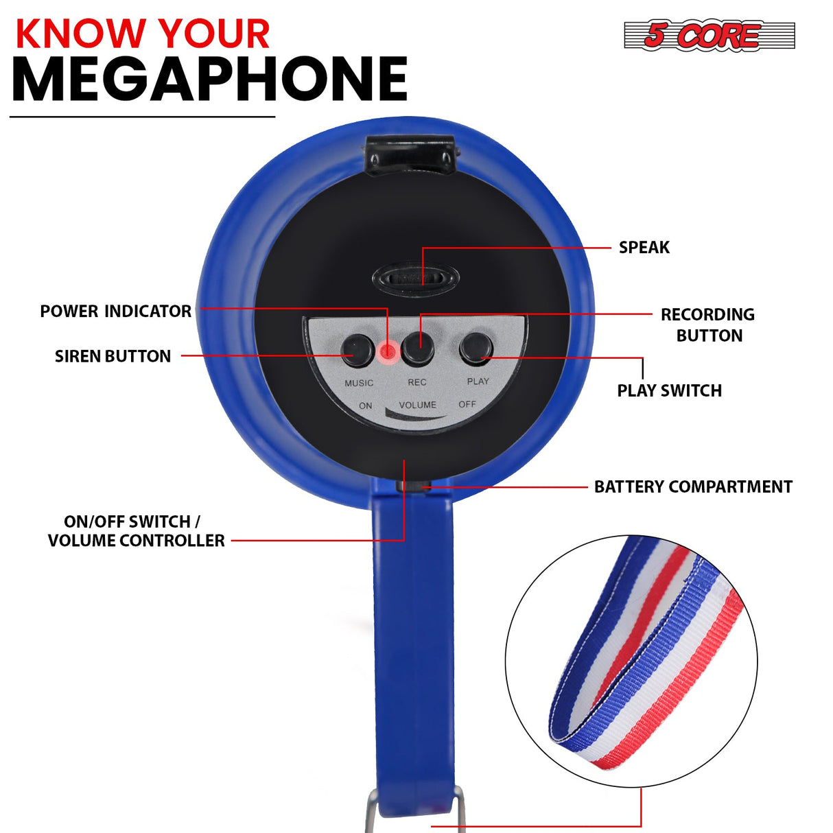 5Core Megaphone Bullhorn Speaker 15W Mini Battery Power Bull horn w Siren 400 Yard Range Blue