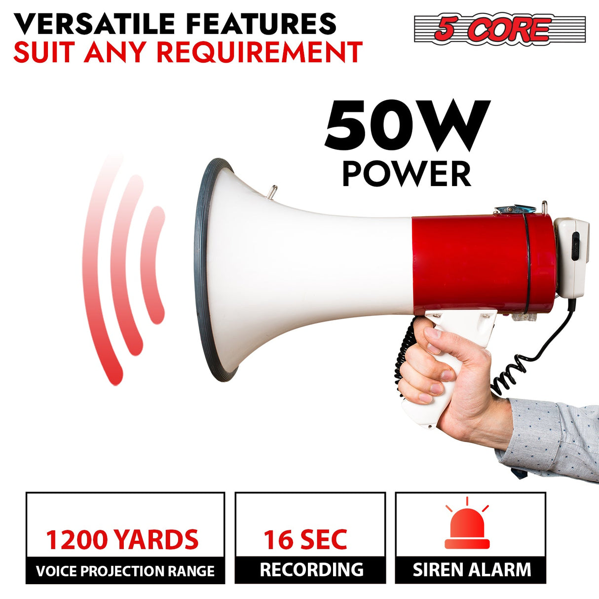 5Core Megaphone Bullhorn Speaker 50W Bull Horn Cheer Megafono 1200 Yards