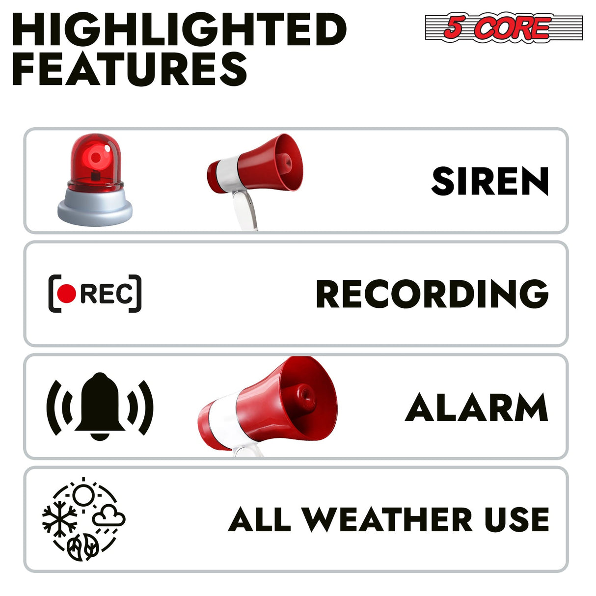 5 Core Megaphone 30W Bull Horn PA Speaker w 800 Yard Range Siren Loud Megafono for Sports & Coaches