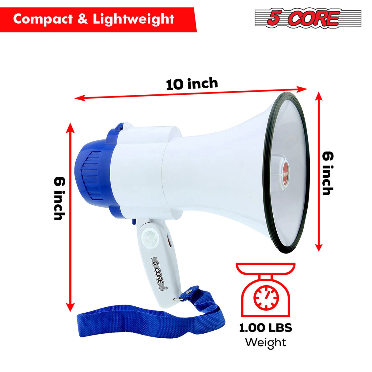 5Core Megaphone Bullhorn Speaker 30W Mini Bull Horn Battery Power Megafono 800 Feet USB