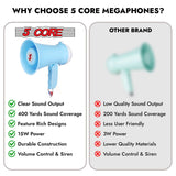5Core Megaphone 15W Bull Horn Kids PA Speaker w 400 Yards Range Siren Lightweight Loud Mini Megafono