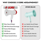 5Core Megaphone Bullhorn Speaker 15W Mini Battery Power Bull horn w Siren 400 Yard Range White
