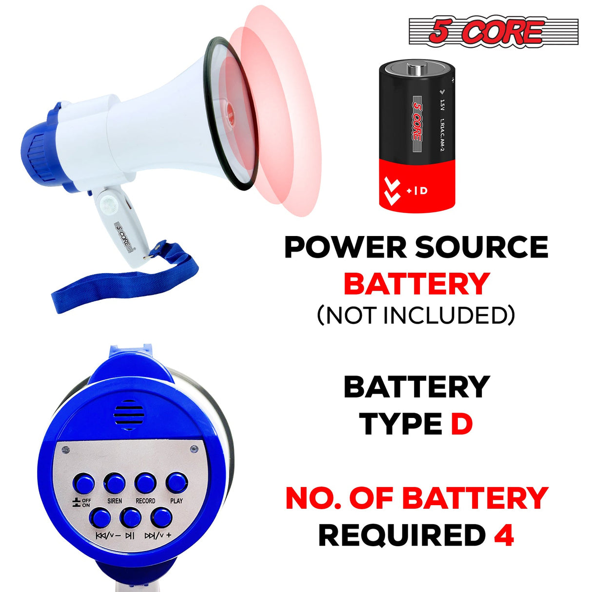 5Core Megaphone Bullhorn Speaker 30W Mini Bull Horn Battery Power Megafono 800 Feet USB