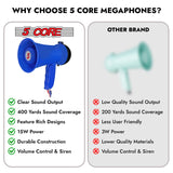 5Core Megaphone Bullhorn Speaker 15W Mini Battery Power Bull horn w Siren 400 Yard Range Blue