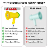 5Core Megaphone Bullhorn Speaker 15W Mini Battery Power Bull horn w Siren 400 Yard Range Yellow
