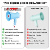 5 Core Megaphone Bullhorn Speaker 15W Mini Battery Power Bull horn w Siren 400 Yard Range SKY BLUE