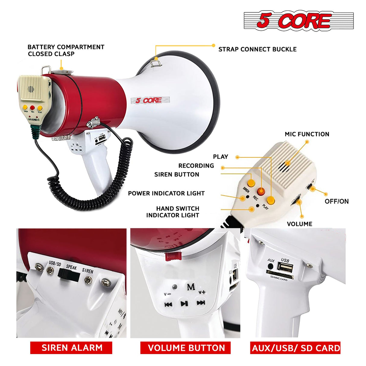 5Core Megaphone Bullhorn Speaker 50W Bull Horn Cheer Megafono 1200 Yards