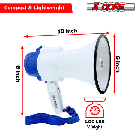5 Core Megaphone 30W Bull Horn PA Speaker w 800 Yards Range USB Loud Siren Voice Amplifier Portable