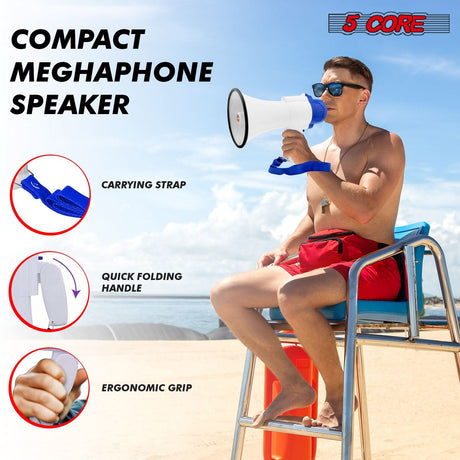 5 Core Megaphone 30W Bull Horn PA Speaker w 800 Yards Range USB Loud Siren Voice Amplifier Portable
