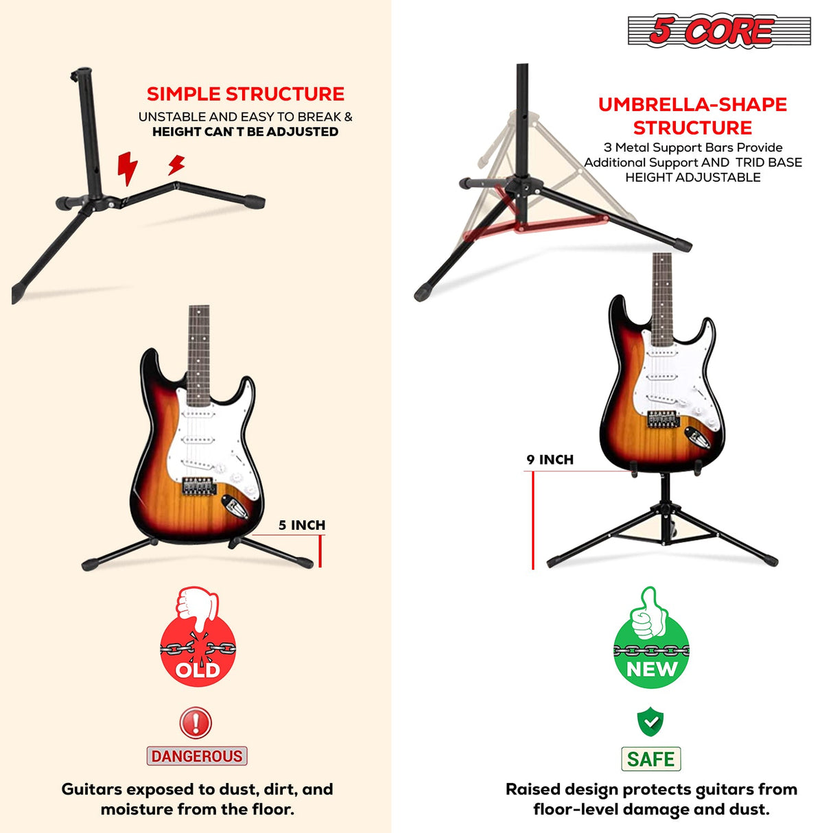 5Core Guitar Stand Floor Tripod Portable Adjustable Multi Guitars Holder 2N1