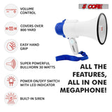 5 Core Megaphone 30W Bull Horn PA Speaker w 800 Yards Range USB Loud Siren Voice Amplifier Portable