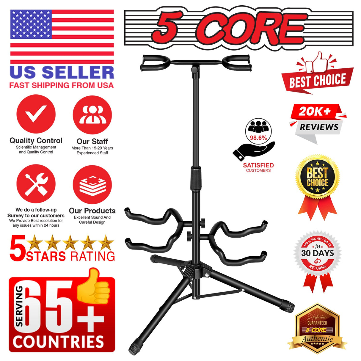 5Core Guitar Stand Floor Tripod Portable Adjustable Multi Guitars Holder 2N1