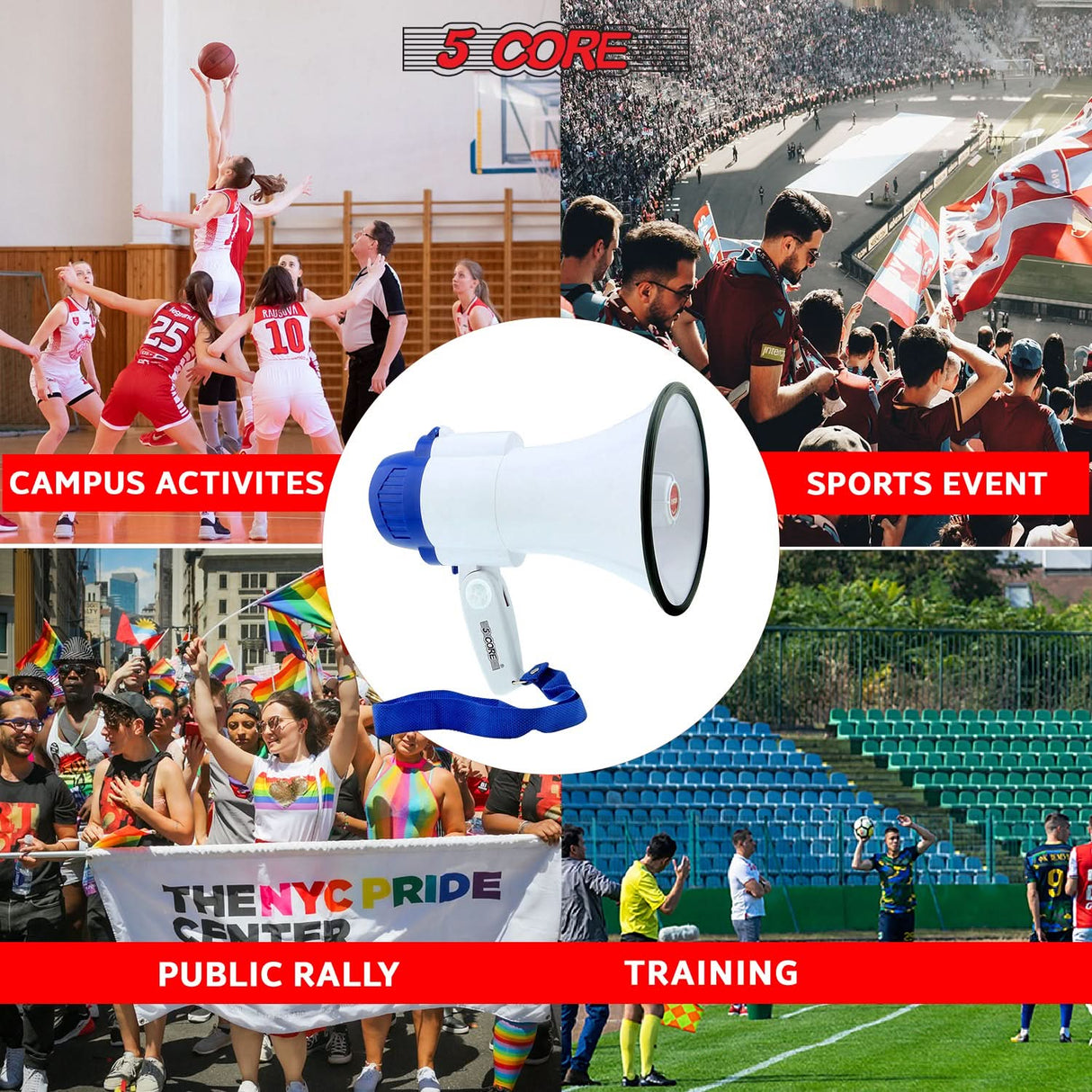 5 Core Megaphone 30W Bull Horn PA Speaker w 800 Yards Range USB Loud Siren Voice Amplifier Portable