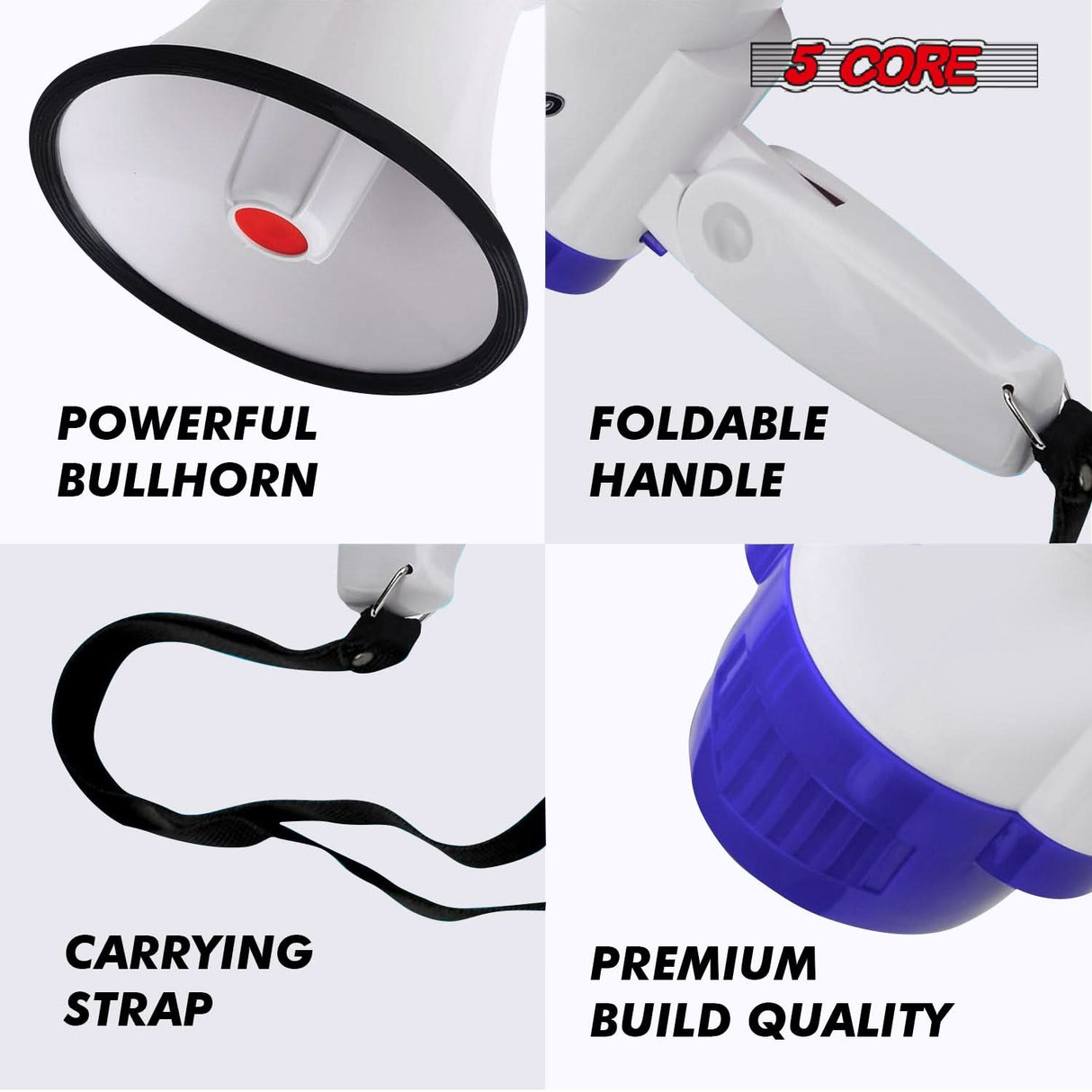 5 Core Megaphone 30W Bull Horn PA Speaker w 800 Yards Range USB Loud Siren Voice Amplifier Portable