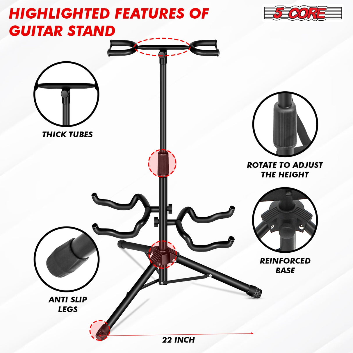 5Core Guitar Stand Floor Tripod Portable Adjustable Multi Guitars Holder 2N1