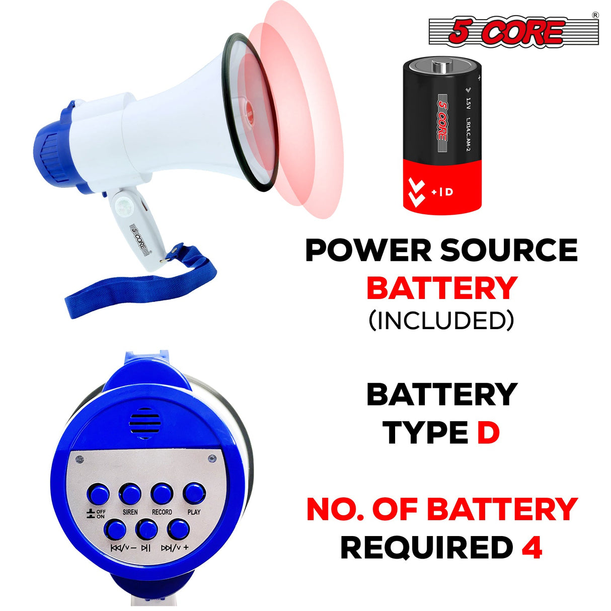 5Core Megaphone Bullhorn Speaker 30W Mini Bull Horn Battery Power Megafono 800 Feet USB BATTERY