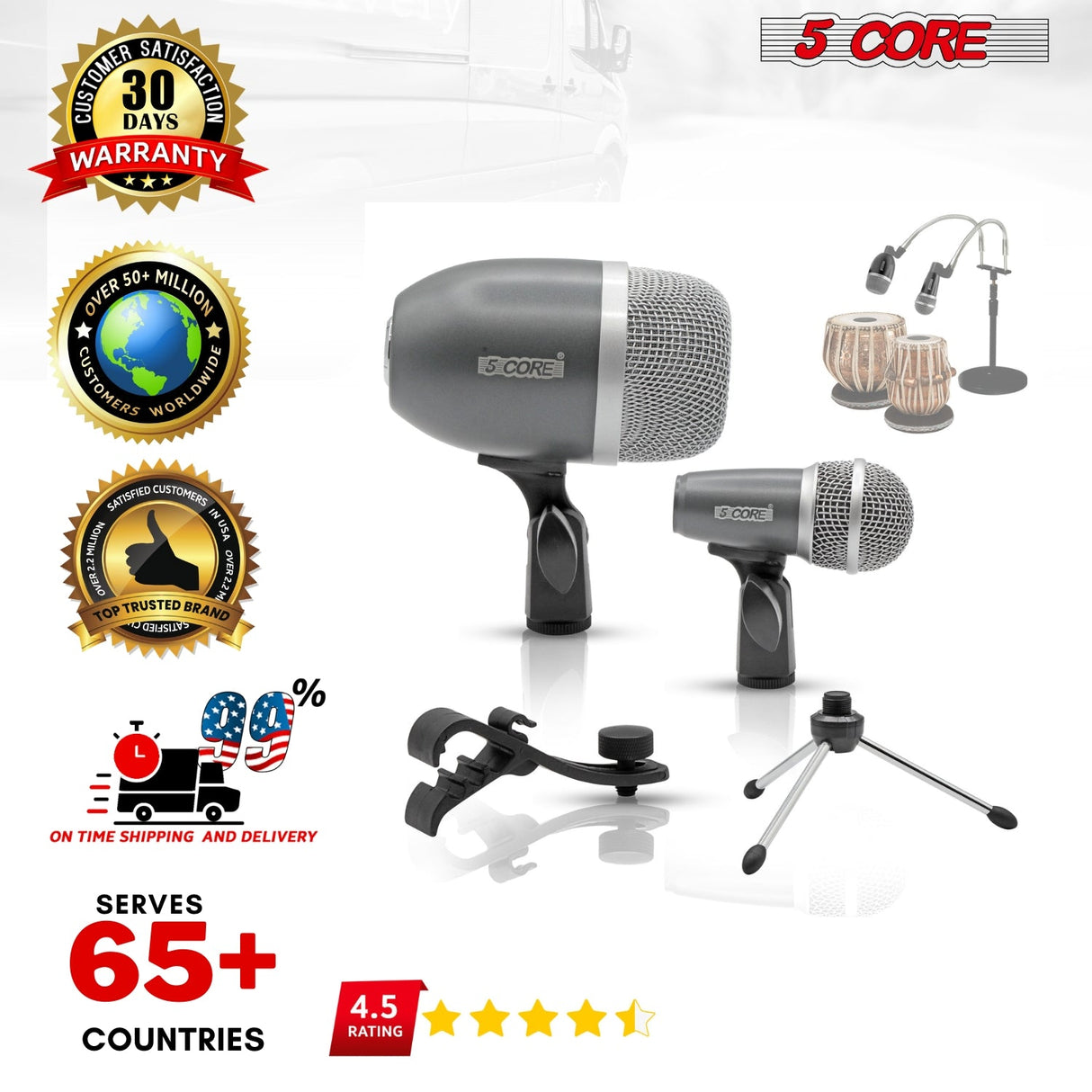 5Core Tabla Microphone Set Uni-Directional XLR Kick Snare Bayan Dayan Instrument Mic GREY