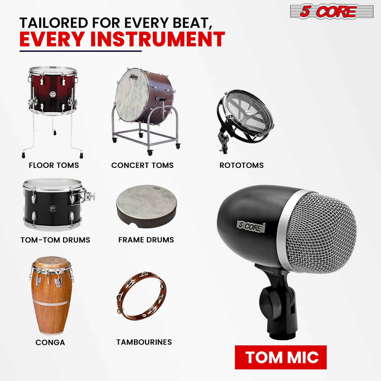 5Core Tom Snare Mic Cardioid Dynamic Microphone for Drum Kit Percussion Instrument BLACK