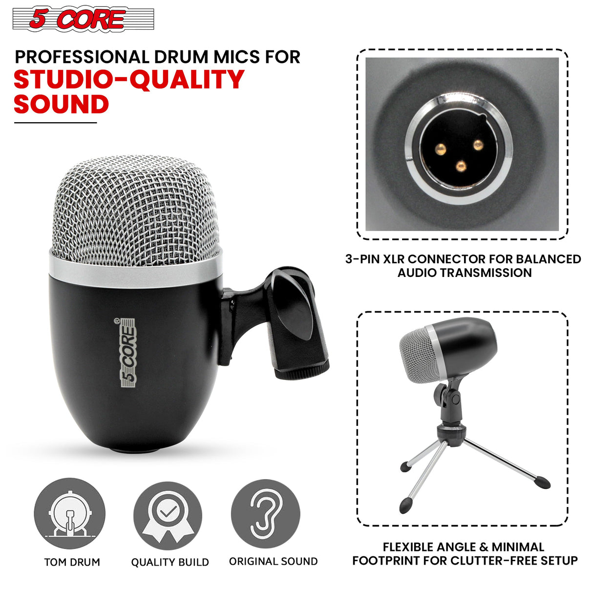 5Core Tom Snare Mic Cardioid Dynamic Microphone for Drum Kit Percussion Instrument BLACK