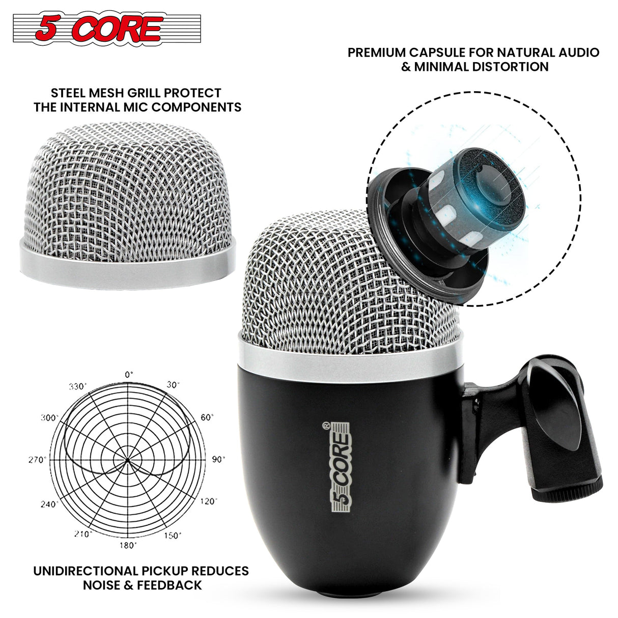 5Core Tom Snare Mic Cardioid Dynamic Microphone for Drum Kit Percussion Instrument BLACK