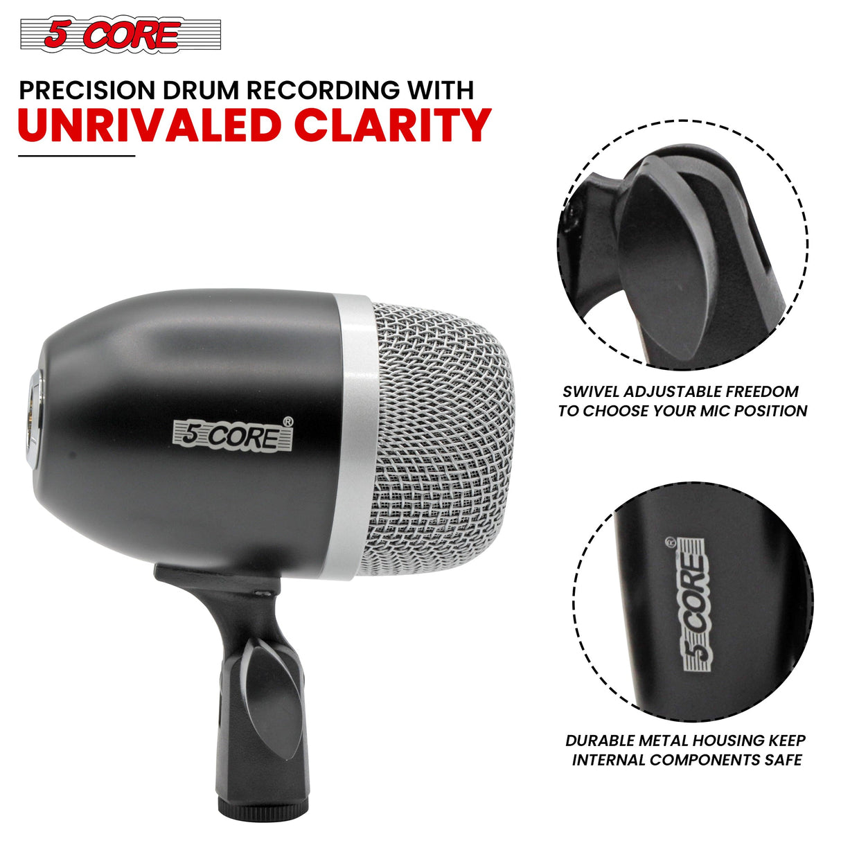 5Core Tom Snare Mic Cardioid Dynamic Microphone for Drum Kit Percussion Instrument BLACK