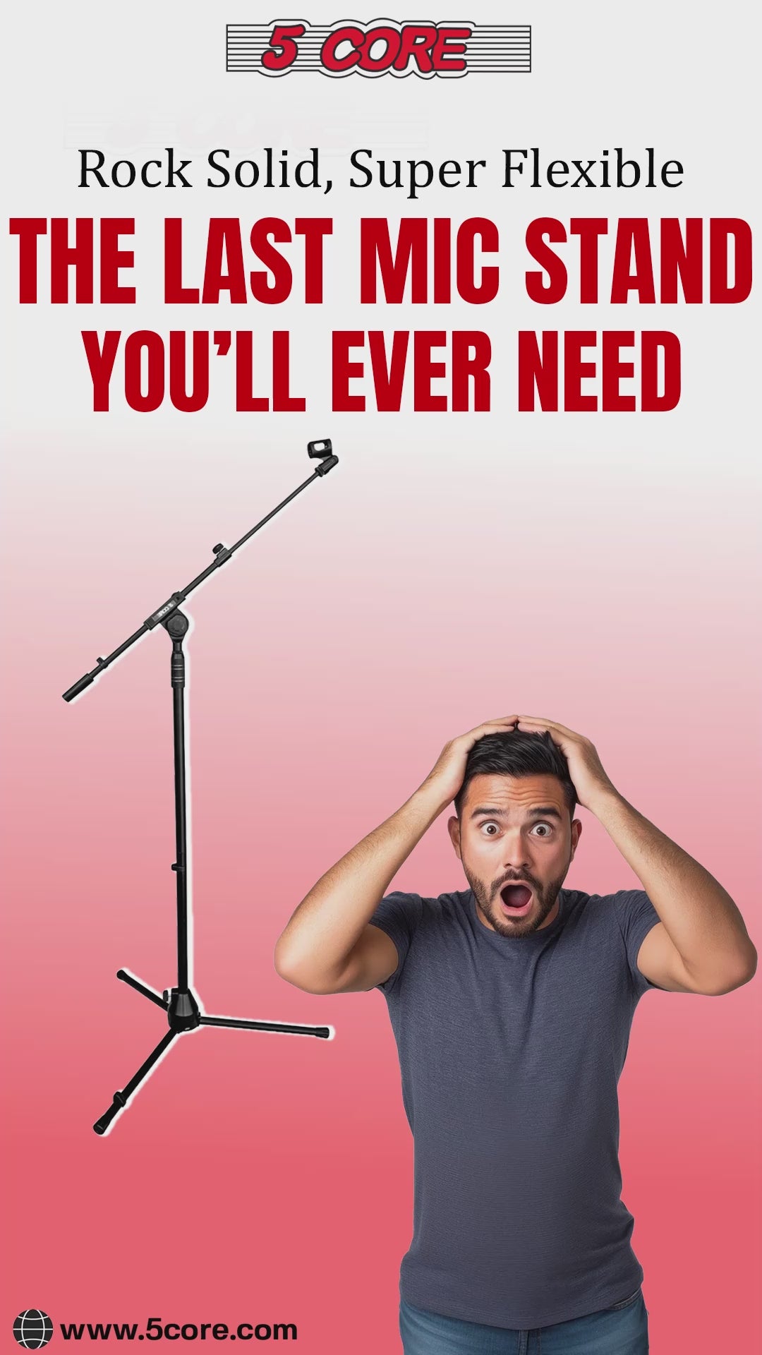 5 Core Microphone Stand Floor Height Adjustable w Extending Telescoping Boom Arm