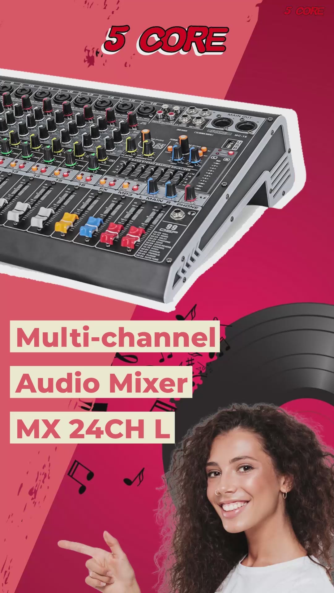 5 Core Audio Mixer 24 Channel DJ Sound Board w Bluetooth USB PC Recording PA Analog Mixing Interface