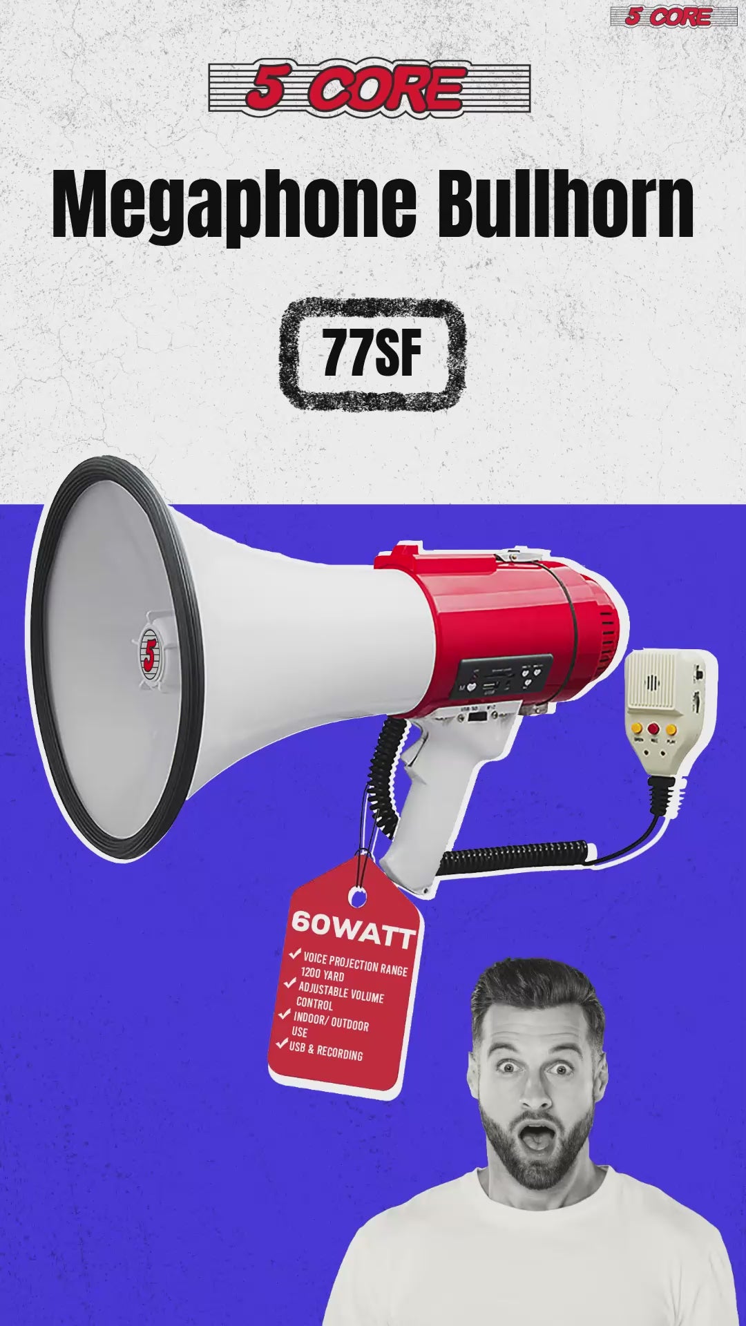 5Core Megaphone Bullhorn Speaker Pro 60W Bull Horn Non Rechargeable Cheer Megafono