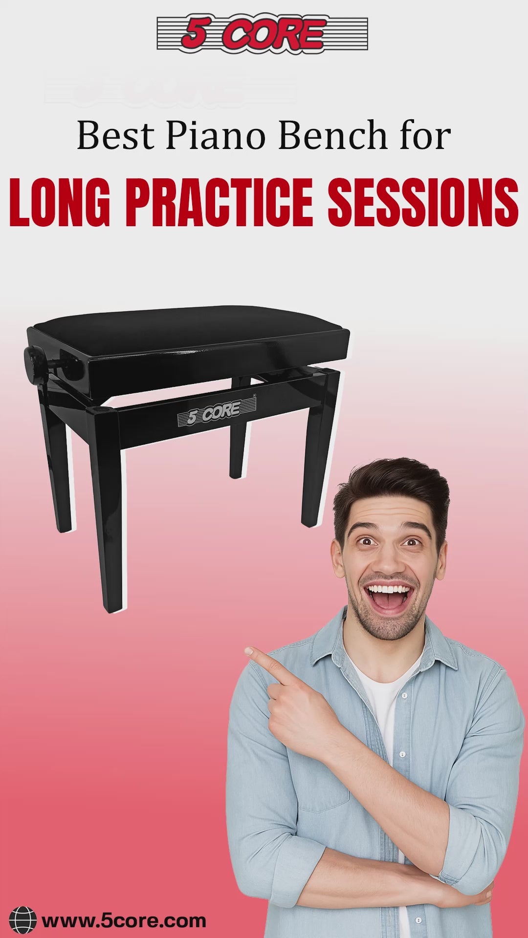 5 Core Adjustable Piano Bench Thick 3.25" Solid Wood Keyboard Stool Heavy Duty Musician Chair